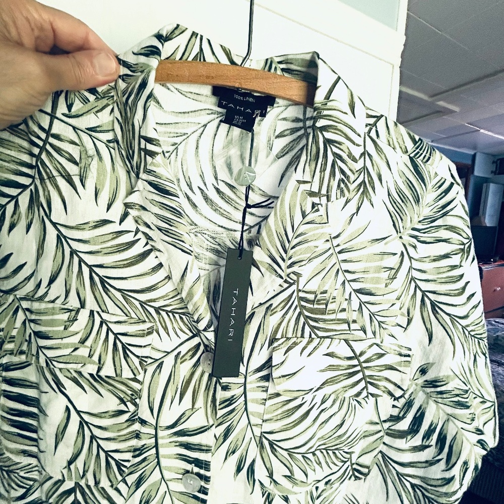 Tahari Tropical Print 100% linen Button Front